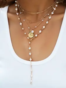 Women's Oceanic Shell Pearl Necklace Set, Y-Shape Long Chain Jewelry, Casual Party Wedding Gift, Daily Wear Accessories