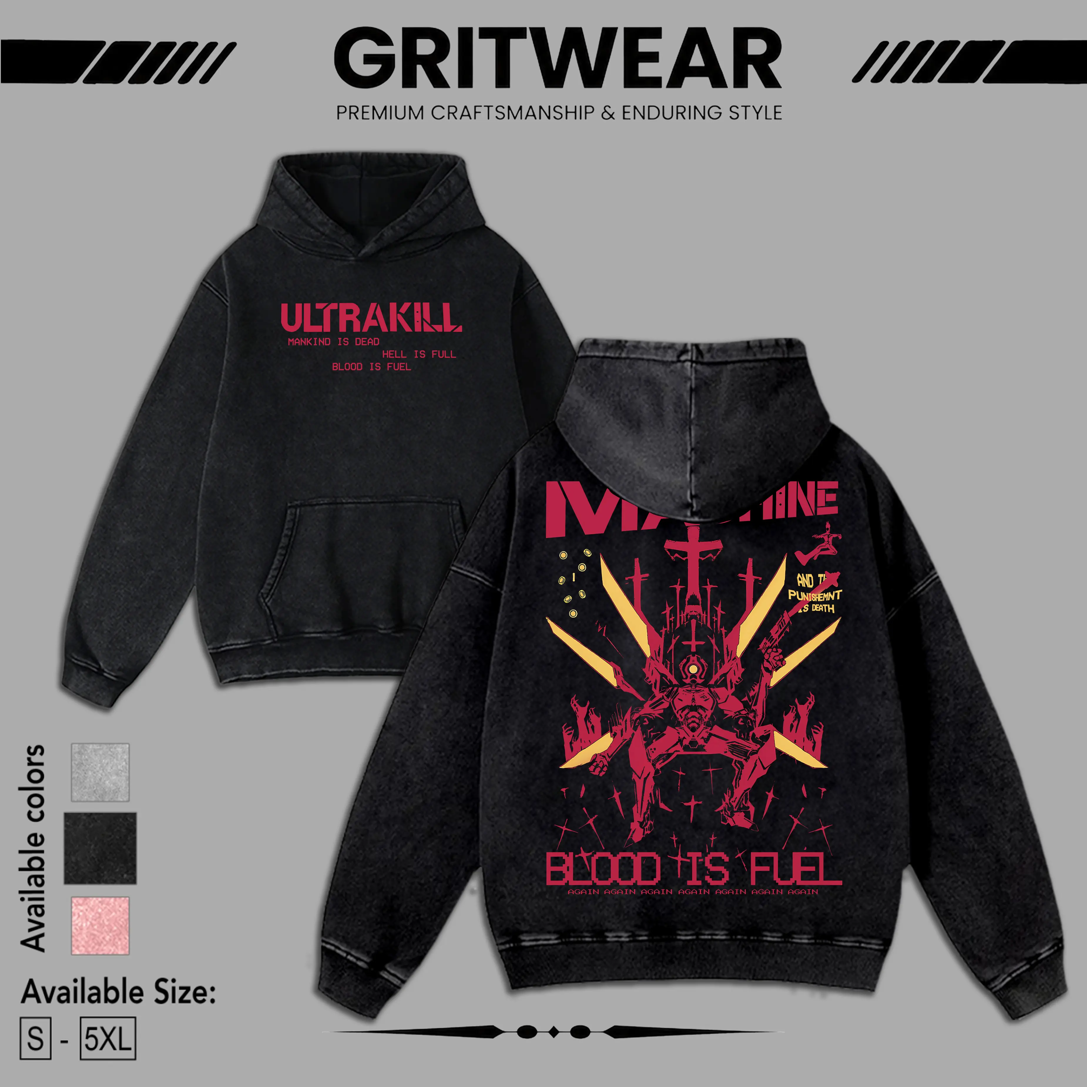 Ultrakill Blood Is Fuel Graphic Hoodie/T-shirt, Vintage Acid Wash Streetwear, Retro Indie Gaming Pullover, Cyber-Grind Aesthetic Heavyweight Sweatshirt tee