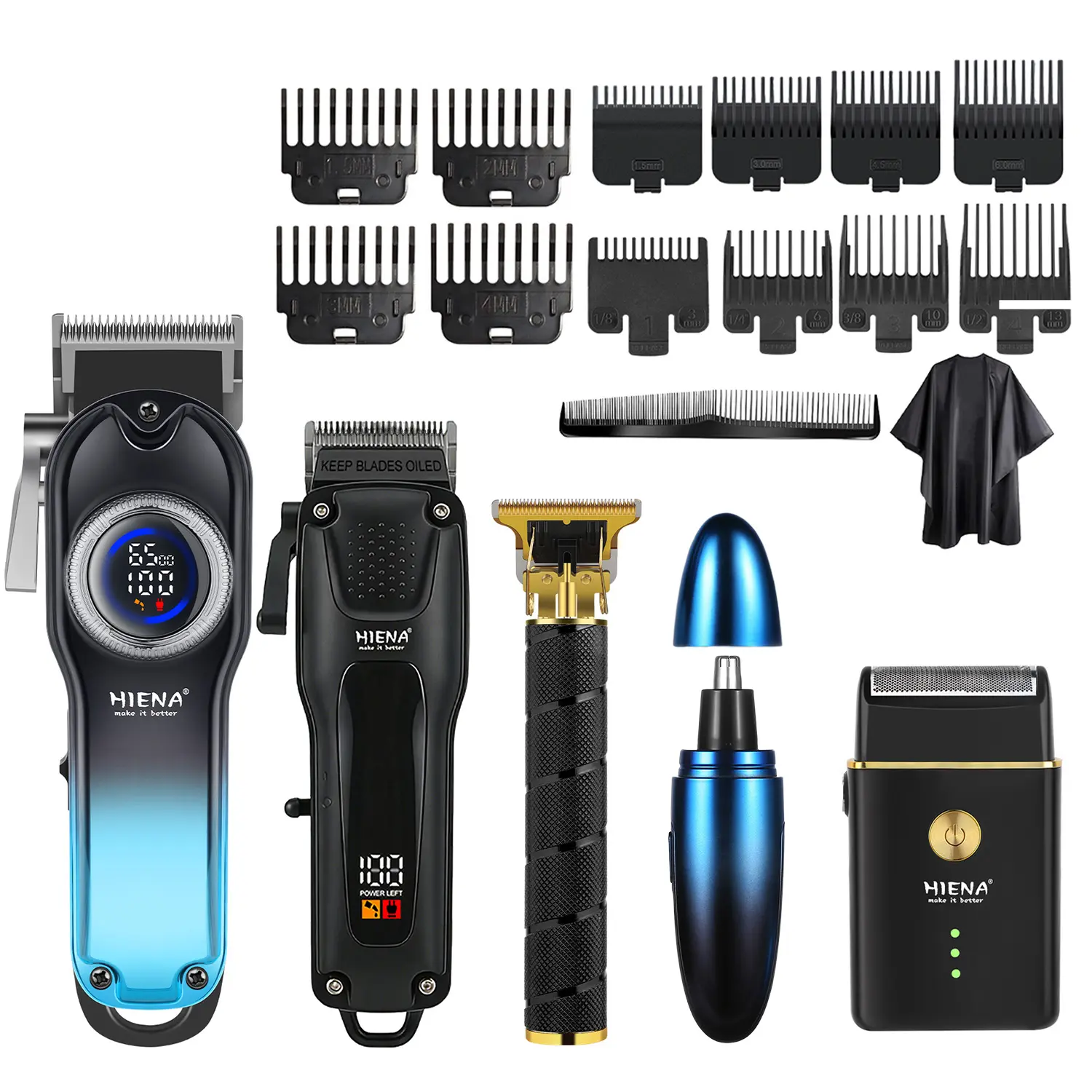 5-piece  Professional Hair Clipper & Trimmer Kit for Men LCD Display Cordless Hair Cutting Machine T-Blade Trimmer Nose Hair Shaver Foil Shaver with Guide Combs Cape Complete Grooming Set for Men Home Barber Use Supports USB charging