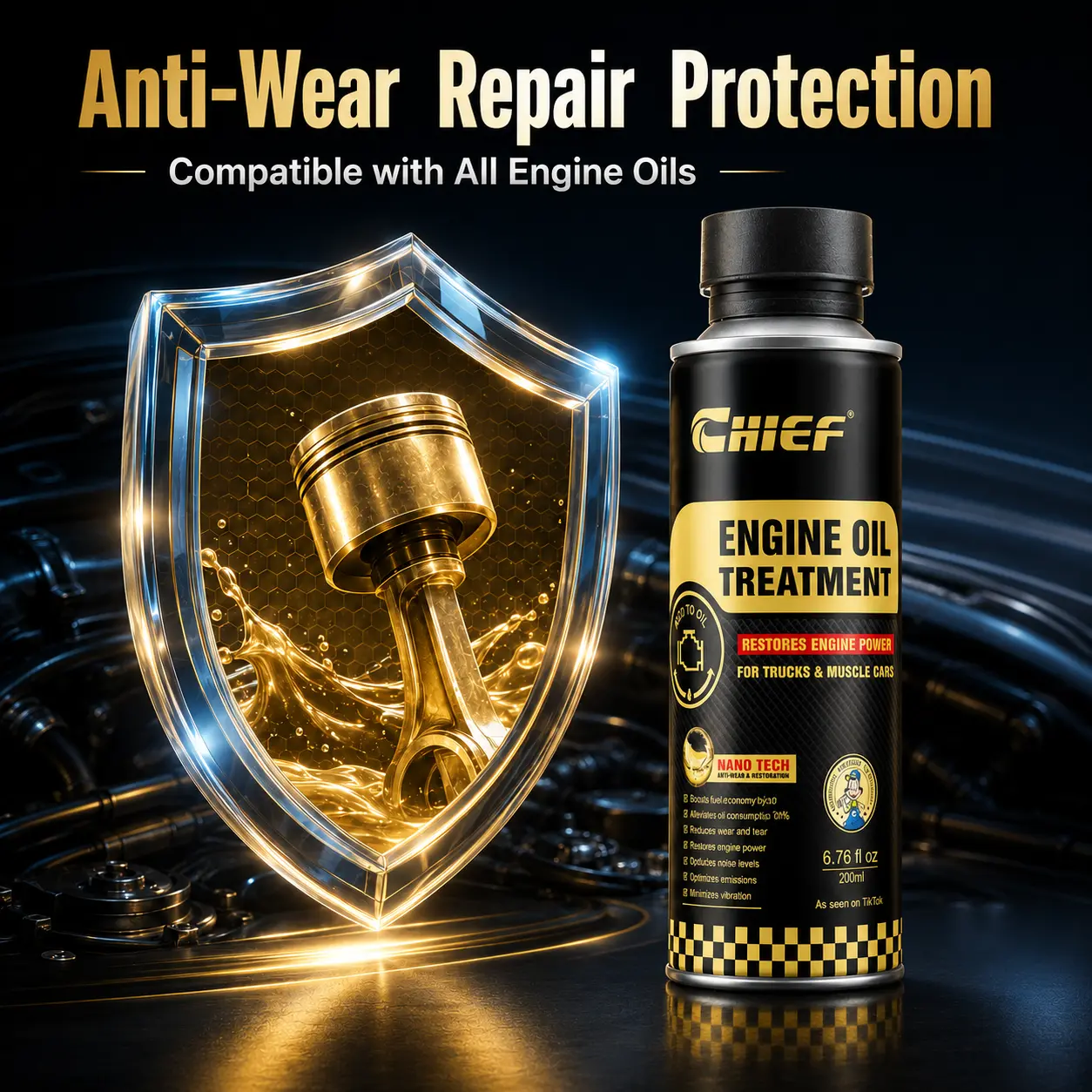 CHIEF Engine Oil Treatment Additive, Universal Anti-Wear Engine Protectant, Cold Start Dry Friction Prevention, Restore Engine Power & Reduce Noise, Works With All Types of Motor Oil for Gasoline Cars & Trucks