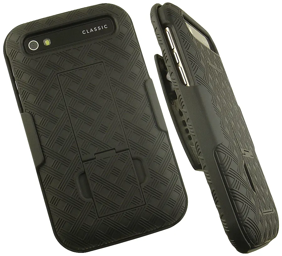 Case with Clip for BlackBerry Classic Q20 Q25 Phone, Nakedcellphone Kickstand Hard Cover + Belt Hip Holster Holder Combo - Black Tread