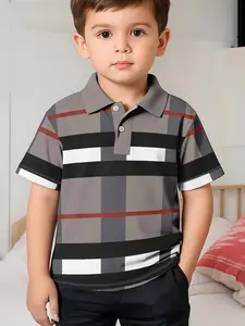 Classic Plaid Polo Shirt for Kids, Checkered Design, British Gentleman Style, Slim-Fitting Casual Top, All Seasons Wear