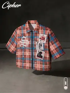 Vintage Rhinestone Plaid Cropped Shirt Gothic Rose & Silhouette Patchwork Streetwear Aesthetic Casual Design Short Sleeve Blouse Top
