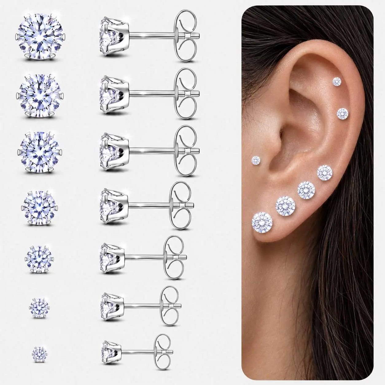 7 Pairs Silver CZ Stud Earrings Set for Women Men, Hypoallergenic Titanium Stainless Steel Cartilage Earrings, 2-8mm Cubic Zirconia Stud Earrings, Sparkling Jewelry Set, Small Stud Earrings, Classic Earrings, Minimalist Earrings, Everyday Earrings