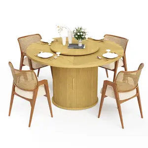 55 inch round dining table for six with double-tiered storage rack rotating tray and wooden wavy-striped sliding doors