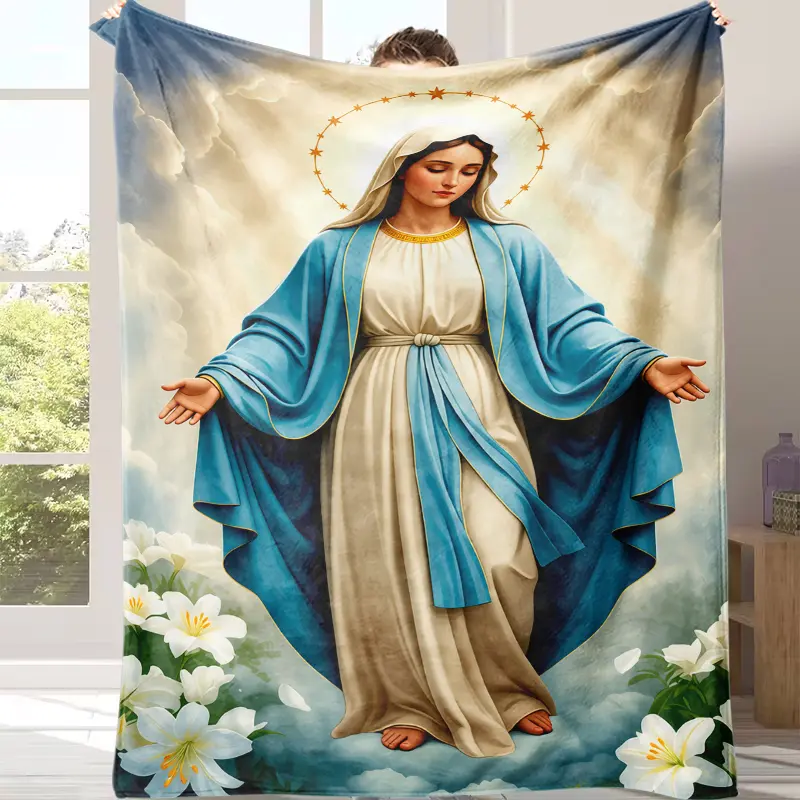 Catholic Our Lady of Grace White Lily Cloud Halo Star Sacred Art Plush Fleece Throw Blanket - Vintage Holy Painting Print, Multi-Size Oversized Warm, Contemporary Look, Indoor Use for Prayer Room, Christmas Gift for Christian Believers