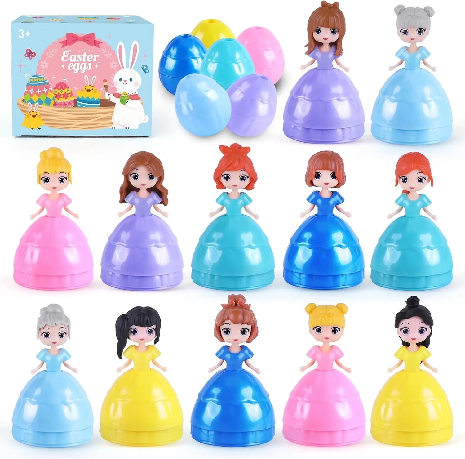 12 PCS Princess Prefilled Easter Eggs, Easter Basket Stuffer,Hunt Gifts for Kids, Classroom Prize and Party Favors Greenish Spring Glow Up