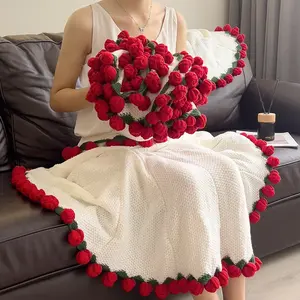 Rose Blanket Knitted Bouquet Shawl Handmade Gift for Her Soft Cozy Throw with Red Pom Poms