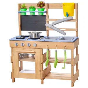 VEVOR Mud Kitchen, Outdoor Mud Kitchen for Kids, Wood Outdoor Play Kitchens with Spoons, Sink, Sunshade Canopy, Swivel Wheels, Cookware Pots and Accessories, Wooden Play Kitchens for Home, Lawn