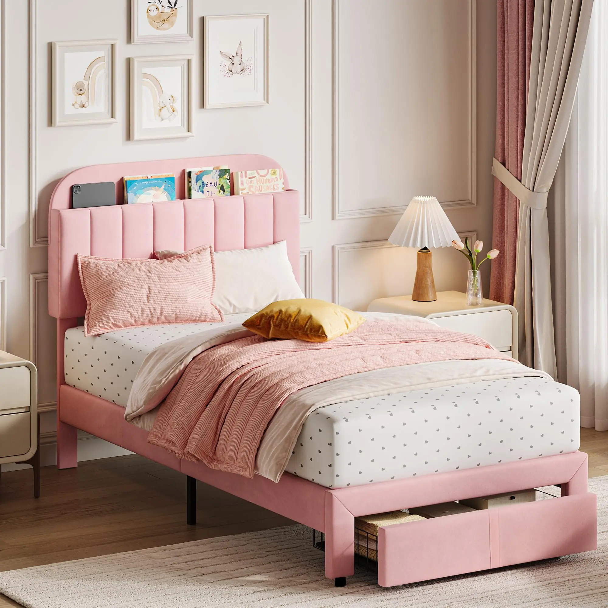 Garvee Velvet Pink Twin Bed Frame with Upholstered Platform, Large Storage Drawers, Noise-Free, Easy Assembly, No Box Spring Needed, Luxurious Soft Material, Low Profile Design for Safety