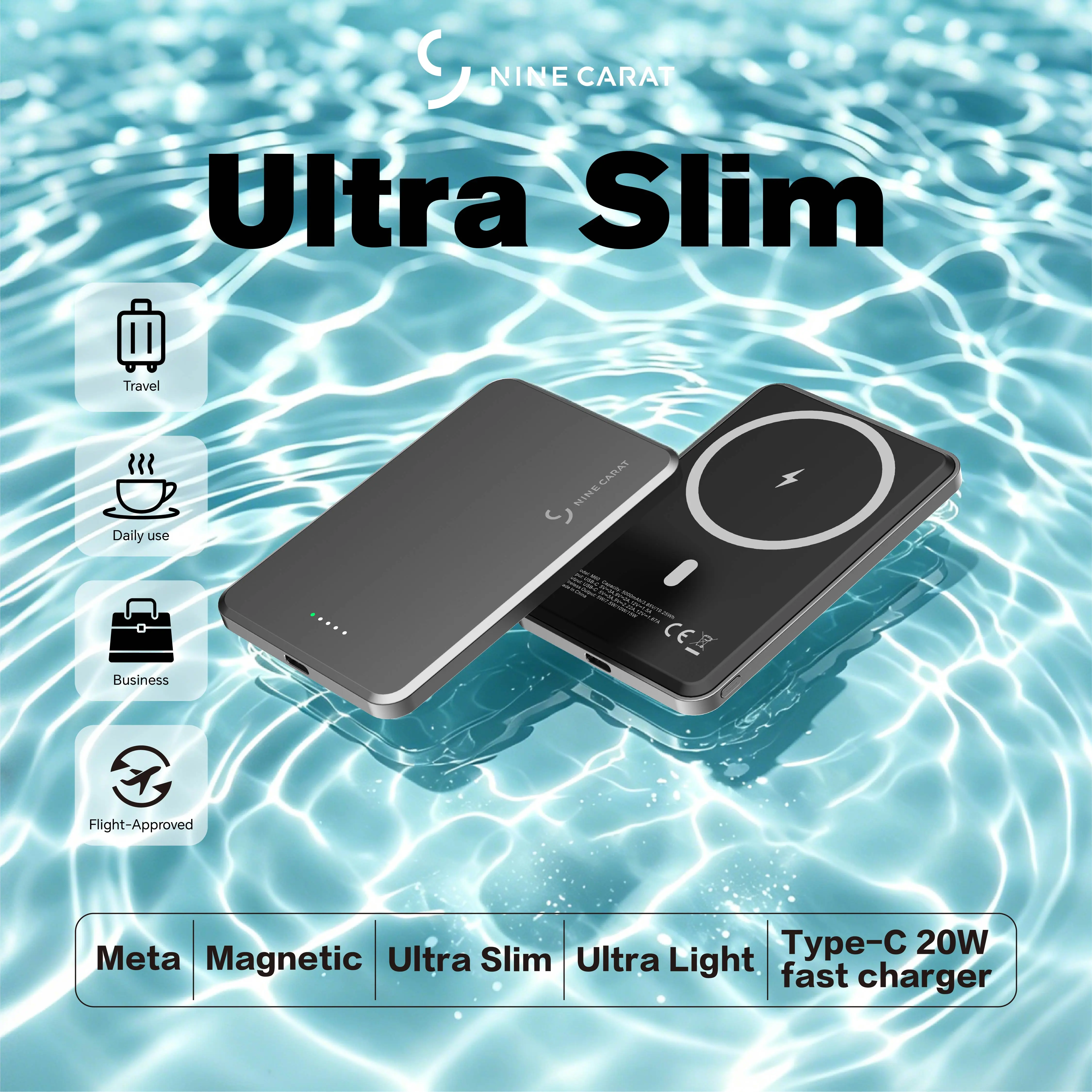 Ninecarat 9-Carat Ultra-Slim Metallic Magnetic Portable Charger - 5000/10000mAh Lightweight Battery Powered Mobile Charger, 20W PD, USB-C In & MagSafe Compatible, Wireless Battery Pack for iPhone 17/16/15/14/13/12 Pro, Men's Tech Accessory, Charging