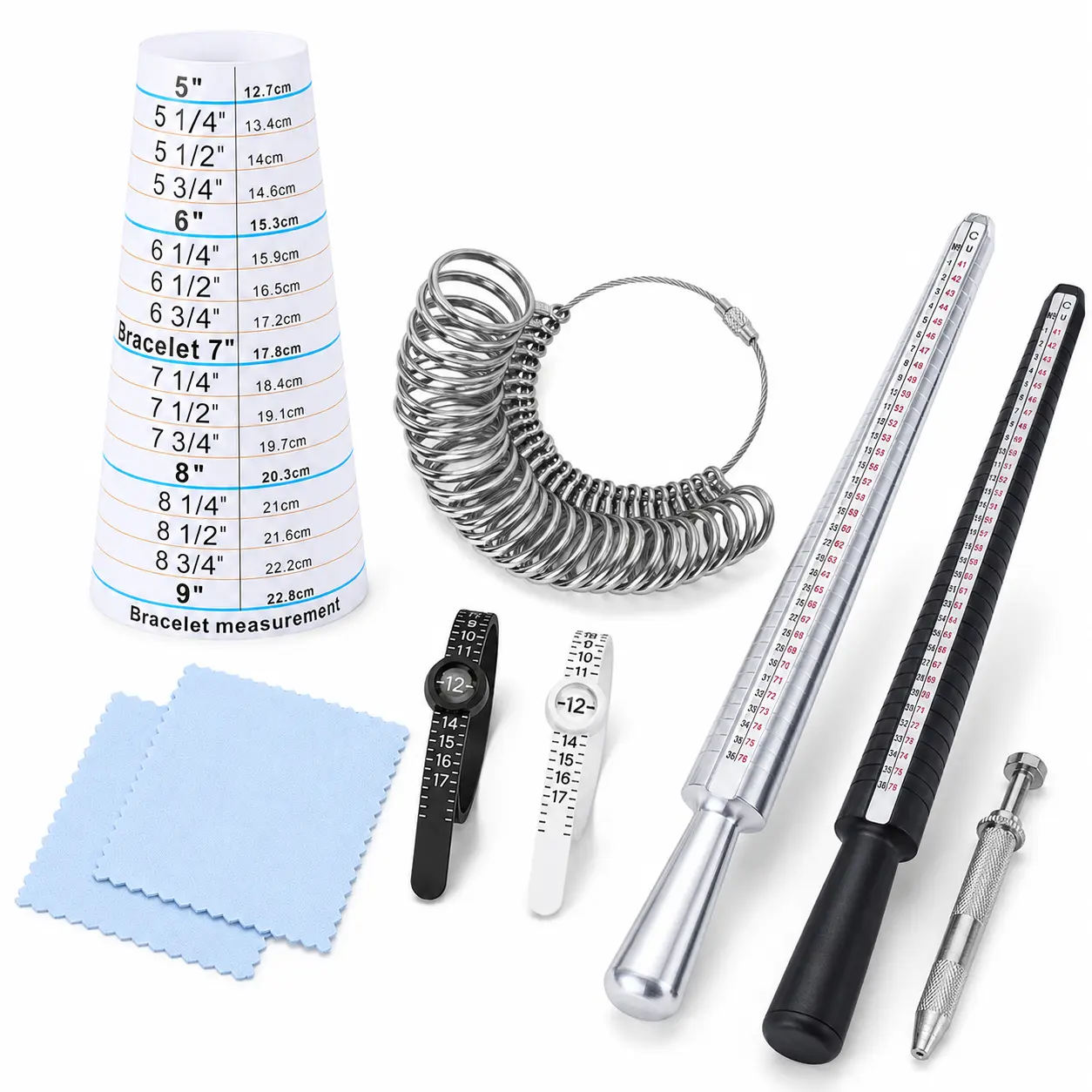 Jewelry Sizing Tool Set, Ring & Bracelet Sizer Kit with Ring Mandrels, Ring Gauge, Bracelet Measuring Cone, Adjustable Ring Sizer Belts and Polishing Cloths