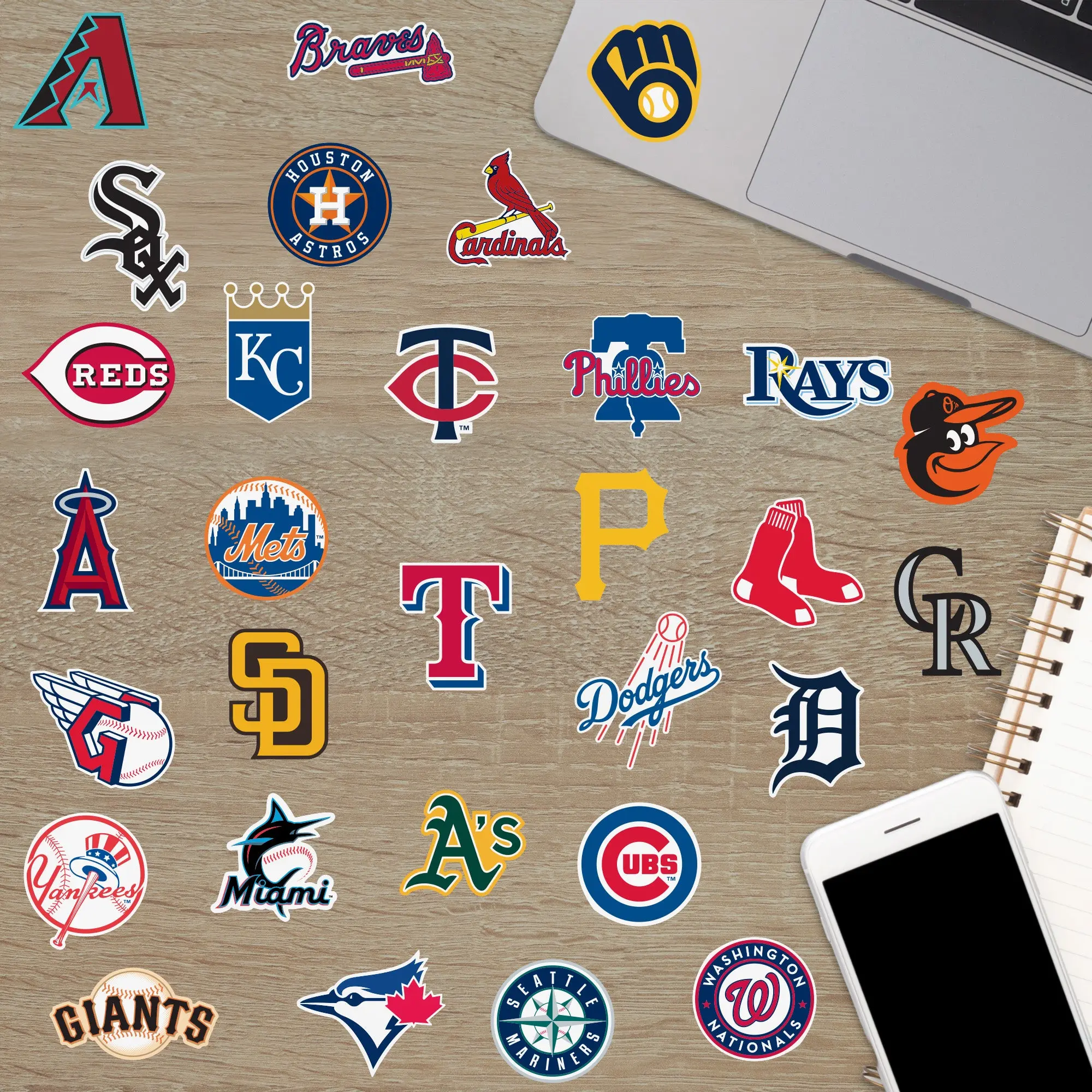 Official MLB Teams Themed Wall Stickers - Minis Collection Reusable Sticker Adhesive Vinyl Decals, Mixed Sizes Sheets, Waterproof Stickers, Easy Repositioning, Durable, Fade-Resistant for Personalizing Your Space Home Decor