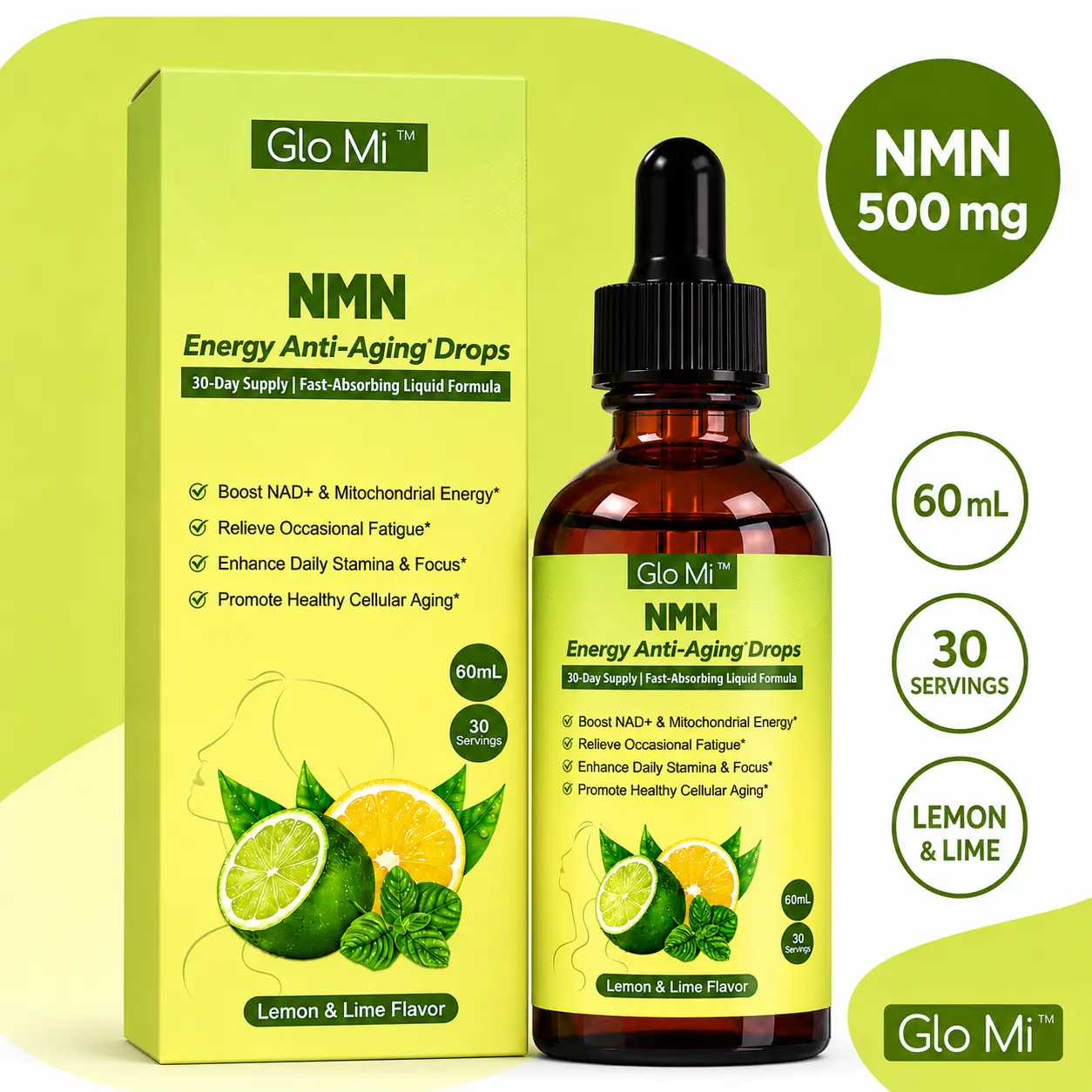 Glo Mi NMN Liquid Drops Anti Aging Dietary Supplement for Adults - 500 mg NMN with AKG, TMG, Trans-Resveratrol, CoQ10, PQQ, Lemon Lime Flavor, 60 mL, 30 Servings, Prop 65 Safe, Anti Aging Supplement