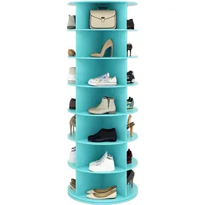 7 Tier Rotating Shoe Rack Tower 28 Shelves, 360° Spinning Display Lazy Susan Organizer, Carousel for Hats & Handbags, Easy Assembly, Blue