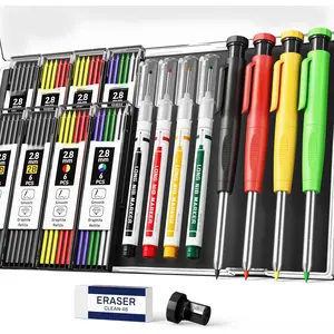 4 count Carpenter Pencils with Sharpener, Heavy Duty Woodworking Pencils, Mechanical Carpenter Pencil with 52 Refills, Deep Hole Long Nib Marker Pens for Architect Construction Marking with Case