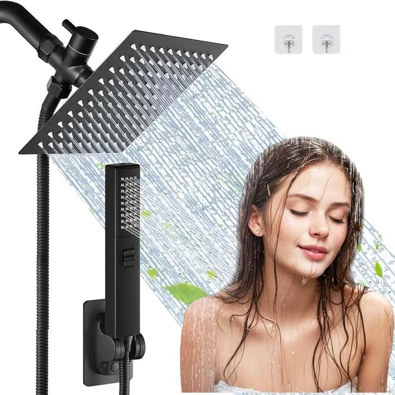 6/8"High Pressure Square RainShower Head and 2-in-1 HandShower.Equipped with 78"Hose, 3Way Diverter Valve,Adhesive ShowerHead Holder new shower Rainfall Water Flow Stainless Steel Installation