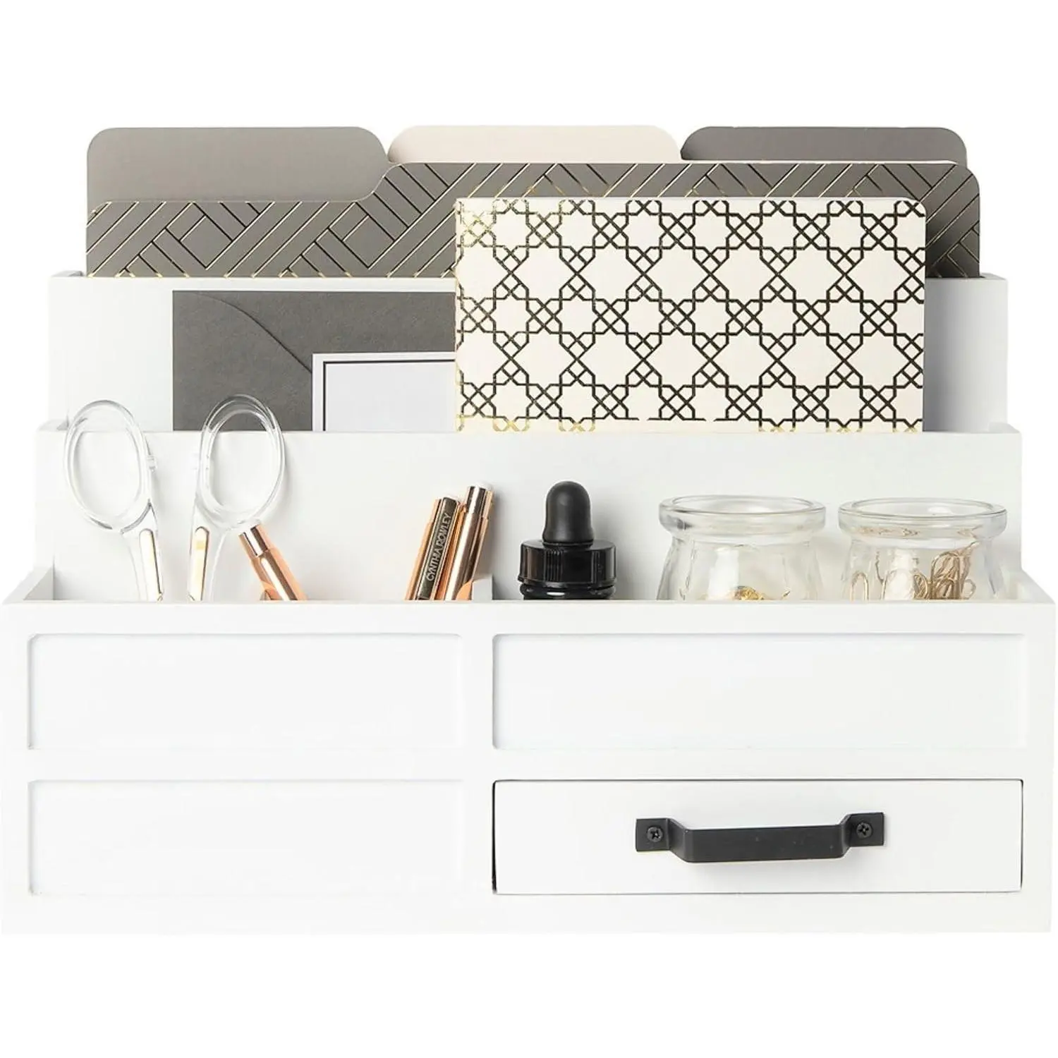 Chic Durable White Desktop Organizer with Drawer - Desk Organization Solution for Bill Sorting, Horizontal File Folders, Office Desk & Countertop Storage