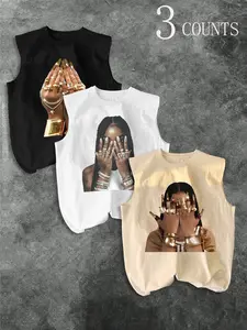 Men's Three-Piece Trendy Tropical Casual Sleeveless Vest Set, Ring Graphic Pattern Print, Summer Vacation Friend Gathering Daily Wear, Clothing Sets