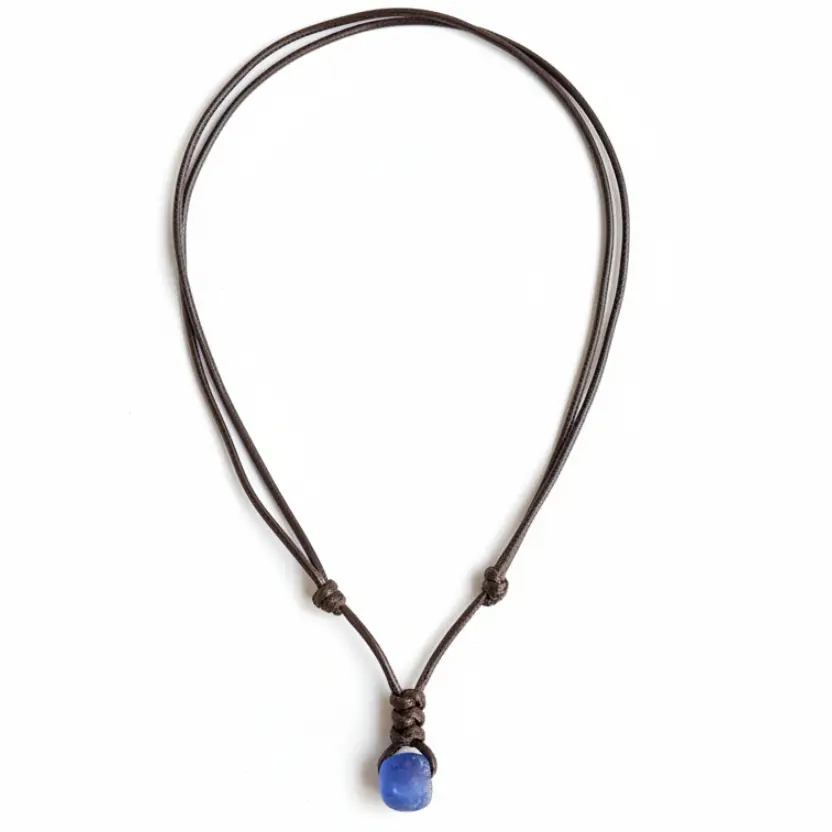Surfer Deep Blue Sea Glass Brown Necklace Adjustable Waterproof Women Men Boho Style Coastal Living Handcrafted Beach Style