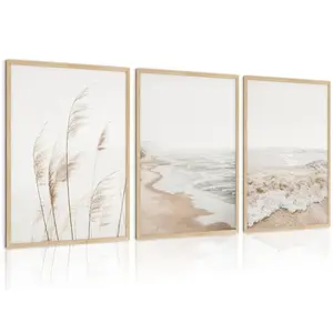 Boho Neutral Beach Coastal Pampas Grass Ocean Landscape Minimalist Wall Art Poster Print Canvas Painting Wall Picture Home Decor, 3pcs/set Unframed