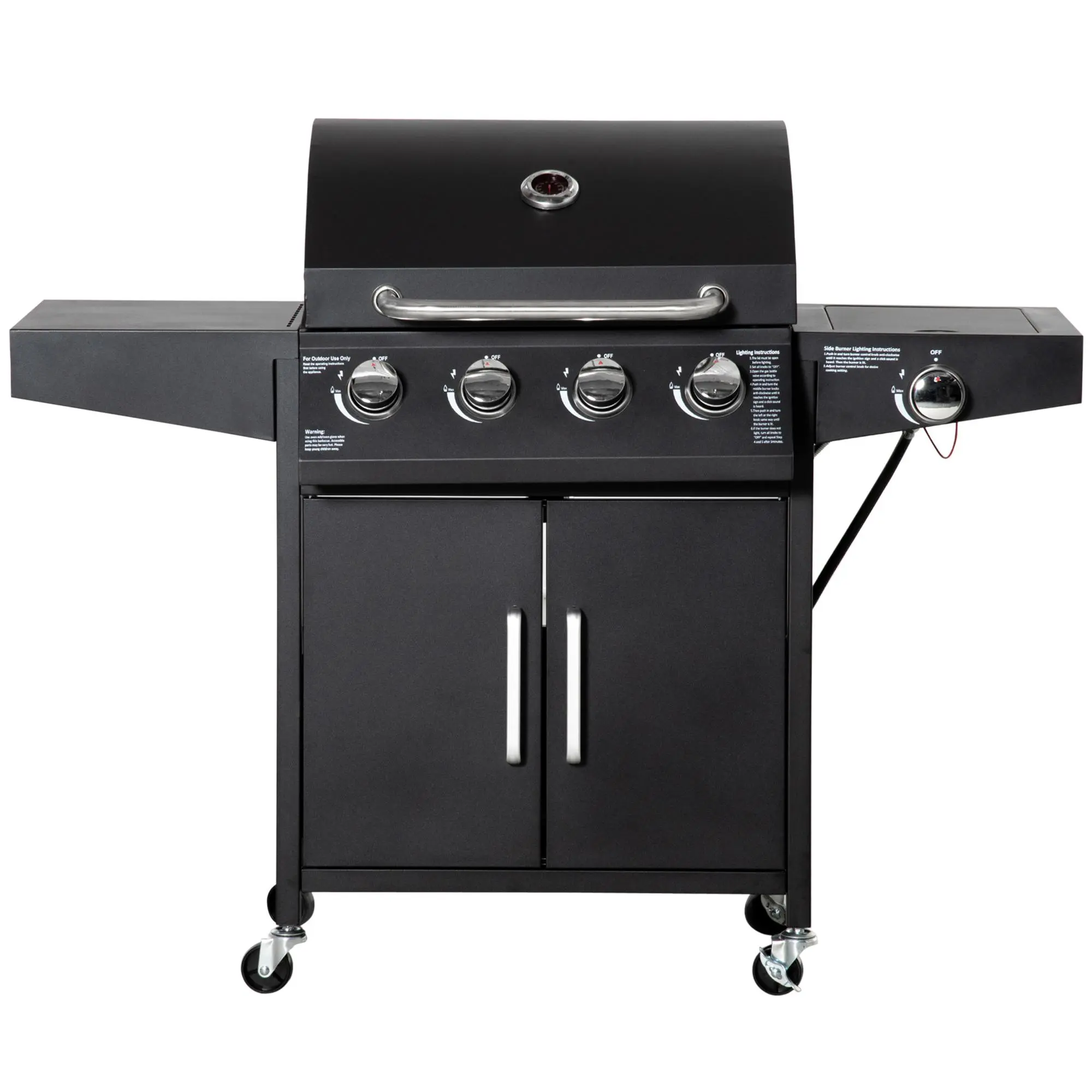 Outsunny 4-Burner Carbon Steel Propane Gas Grill with Side Burner, Side Table, Handles, 50000 BTU Heat Resistance, Wheels, Lid, Regulator & Hose, Warming Rack, Cabinet, Thermometer, Silver for Outdoor Patio Cookout & Cooking for a Crowd