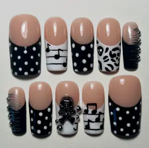 Music Note Polka Dot Press On Nails, Black White Retro Nail Art, Funky Skull Accent Fake Nails, Minimalist Animal Print Nails, Cute Goth Nails