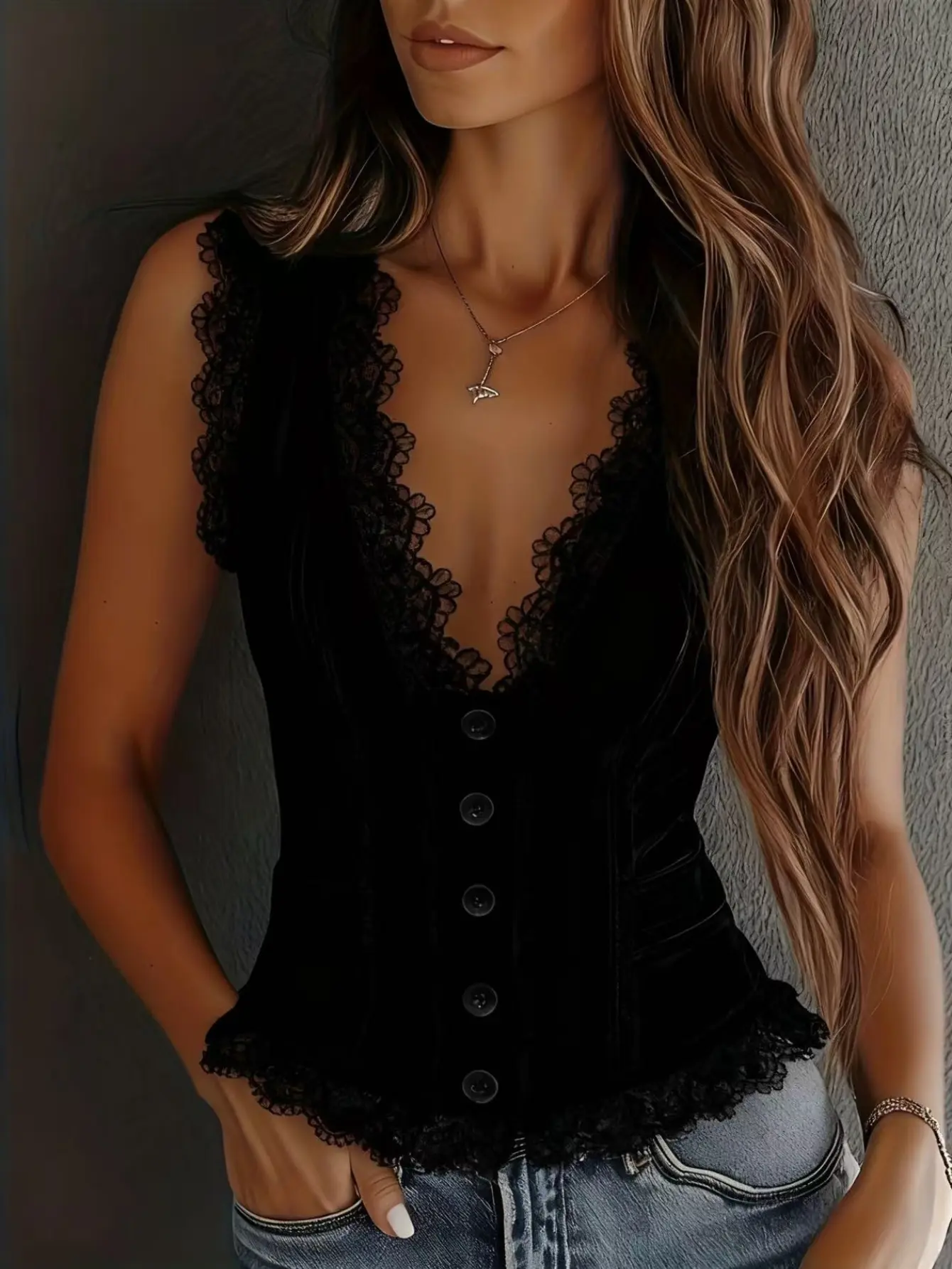Women's Elegant Solid Western Chic Polyester V-Neck Vest - Lace Trim, Single-Breasted Button-Front, Waist-Cinched Cowgirl Waistcoat for No-Oversized Sexy Punk Fashion, Micro Elasticity, Machine Wash, Do Not Dry Clean, Recycle Polyester, Fabric