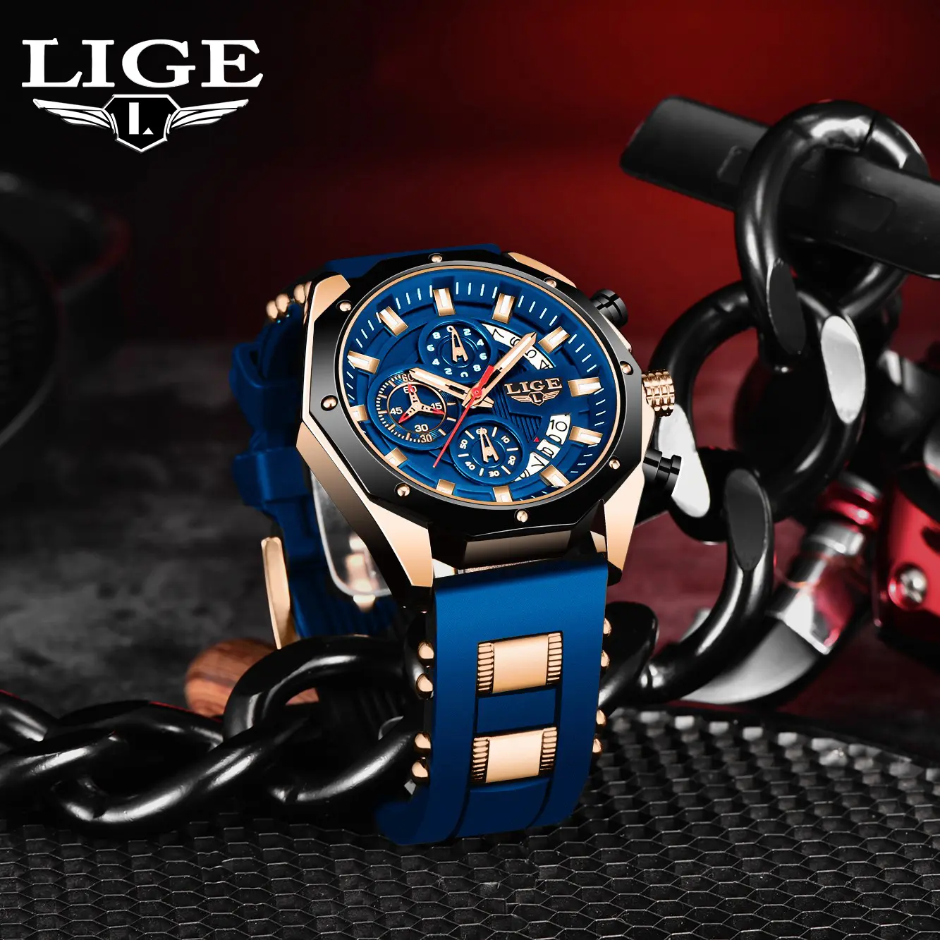 LIGE Men's Sports Watch with Durable Silicone Strap, Waterproof Chronograph with Calendar and Luminous Display, a Sporty Gift for Him, Sporty Waterproof Watch