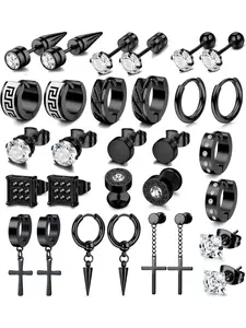 15-Piece Men's Stud Earring Set: Stainless steel with black and silvery zirconia stones; includes studs, cross-shaped, pendant, hoop, and close-fitting styles; suitable for both men and women