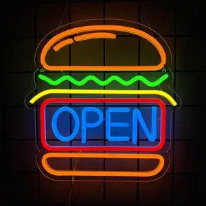 Burger Open Neon Sign LED Neon Light, USB Powered Wall Decor for Burger Shop, Restaurant, Food Truck & Bar