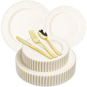 150PCS Ivory Plastic Plate Dinnerware Set, 30 Guests Disposable Beaded Edge Plates, 30 Dinner and 30 Dessert Plates, 90 Gold Silverware for Party, Wedding2
