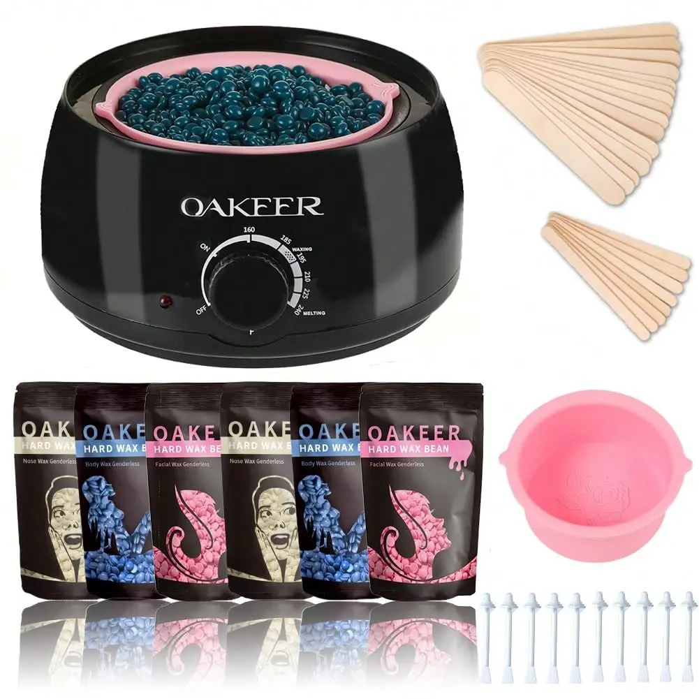 Viilife Oakeer Waxing Kit for Hair Removal, At-Home Wax Warmer with Easy-Clean Silicone Bowl, 6 Hard Wax Bags & 62 Accessories for Women & Men, Wax Hair Removal
