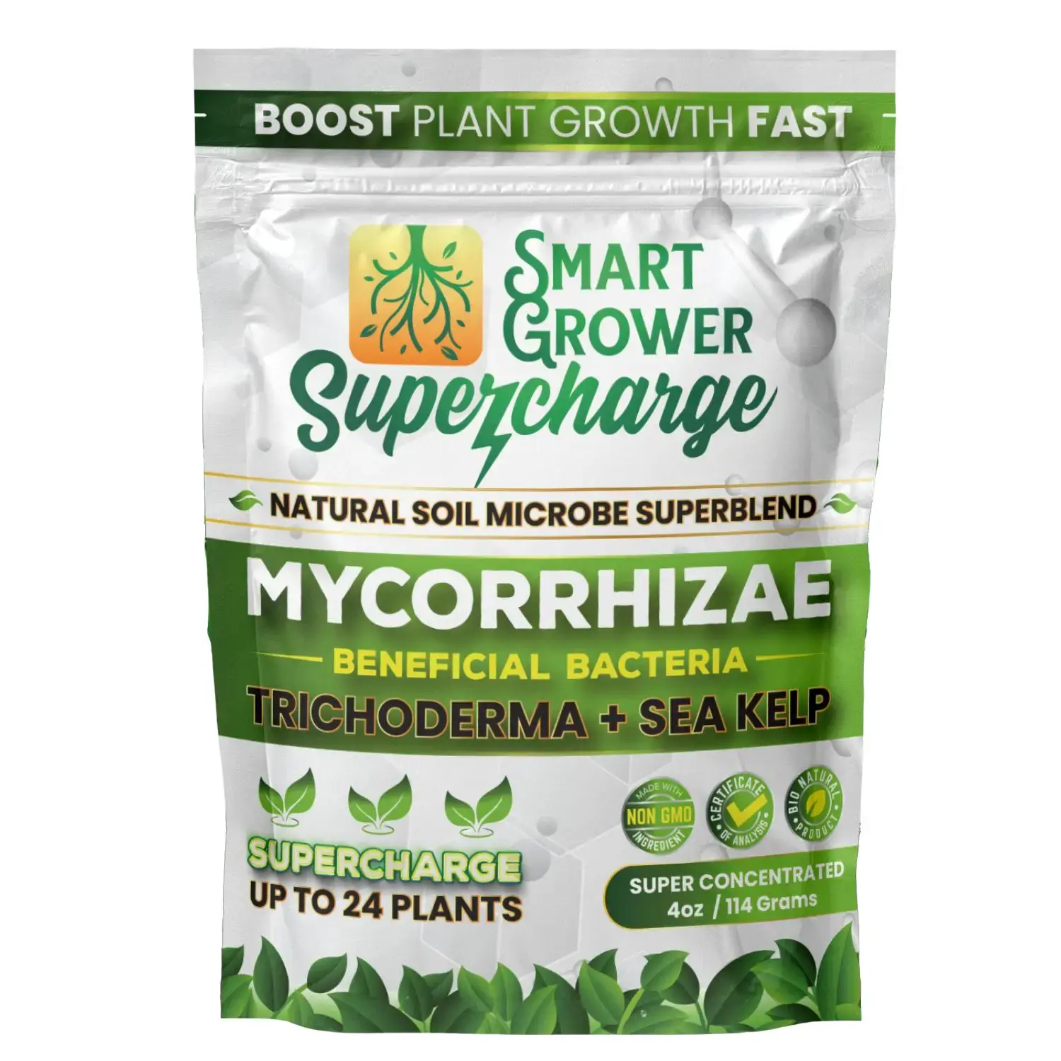 Mycorrhizal Fungi Root Enhancer With Beneficial Bacteria, Humic, Amino, Yucca, Sea Kelp, Trichoderma, Mycorrhizae, Compost Tea,  Boost Plant Growth, Smart Grower Supercharge Organic Potting Soil Complete Balanced Npk