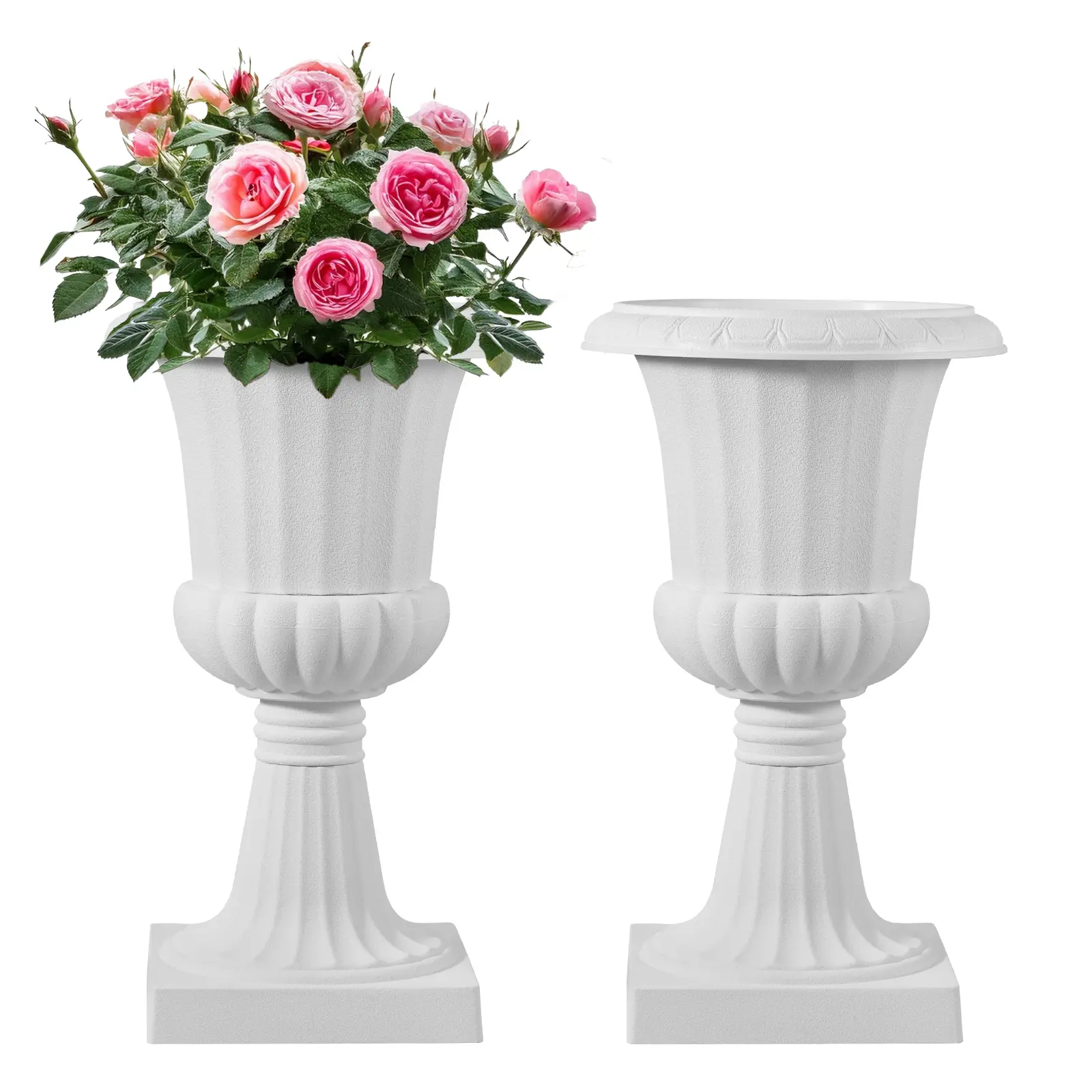 VEVOR 2-Pack Round Tall White Plastic Planter with Stand, 9.8x16.5in Pedestal Raised Urns with Drainage Holes, Classic Front Porch Pots for Roses & Home Garden Decoration#BacktoSchool, Tall White Planter