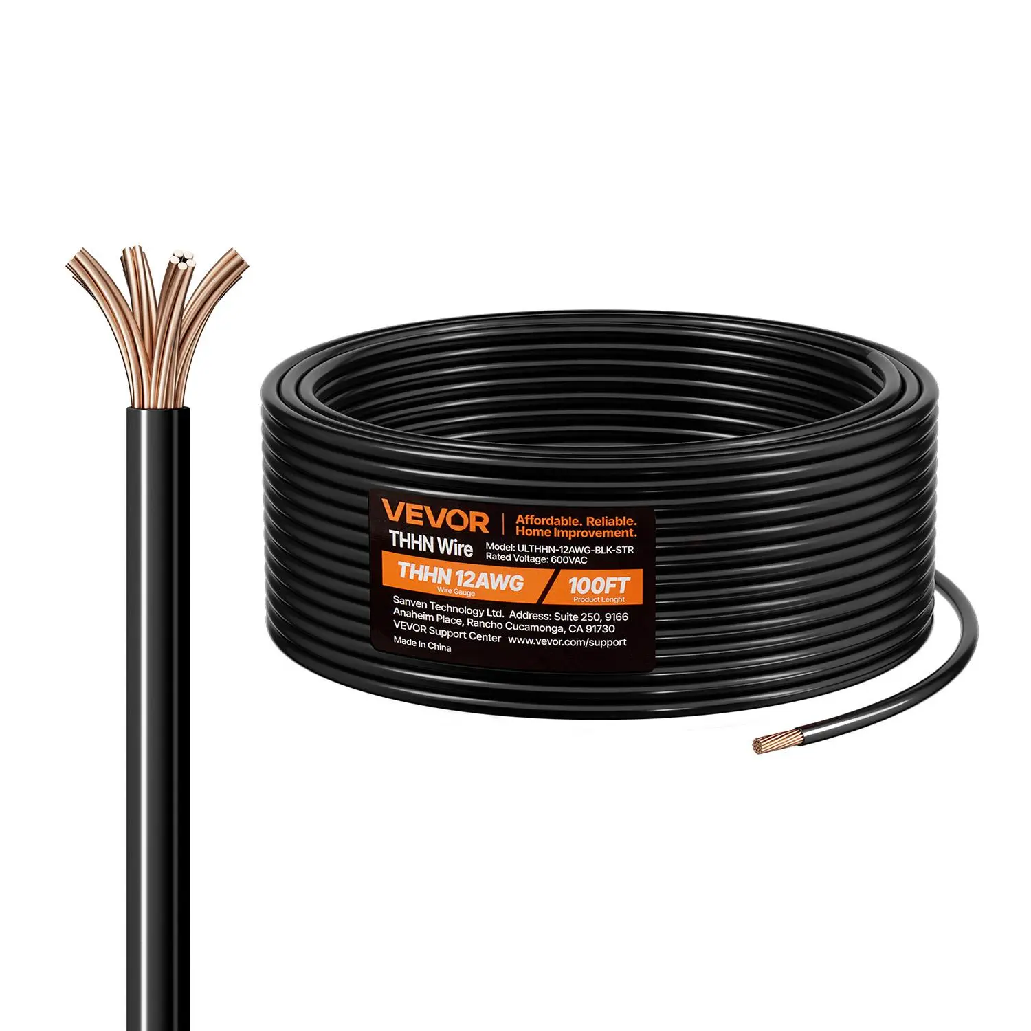 【toolupgrade】VEVOR 12 AWG THHN Home Building Copper Wire Cable, 19-Stranded 100% OFC, Nylon Dual-Layer Insulation Jacket, 600V High Voltage, 100 ft Pre-Cut Black AWG Wires, -13℉ to 194℉ Temp Range, Flexible Easy-to-Bend, Indoor Industrial Use, Custom Fit
