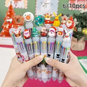 Christmas Holiday Colorful Ballpoint Pens Set, Funny Teacher Pens, Plastic Retractable Fine Point, 10 Colors Ink, Oval Shape, Office Stationery Gift Pack