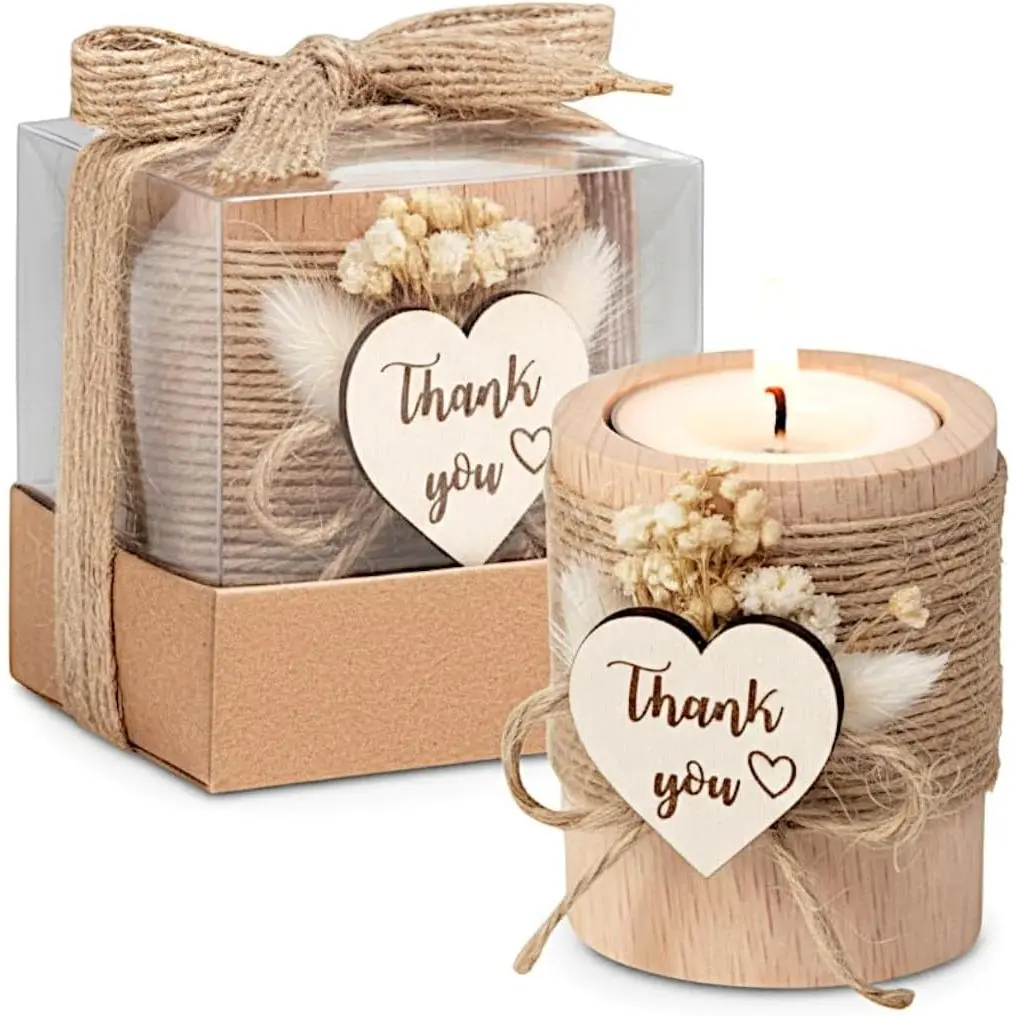 20-Pack Handmade Minimalist Candle Holders - Unisex Adult Gift Favors with Personalized Stickers, Box, Bows, Elegant Thank You Souvenirs for Wedding Guests, Home Decor Supplies