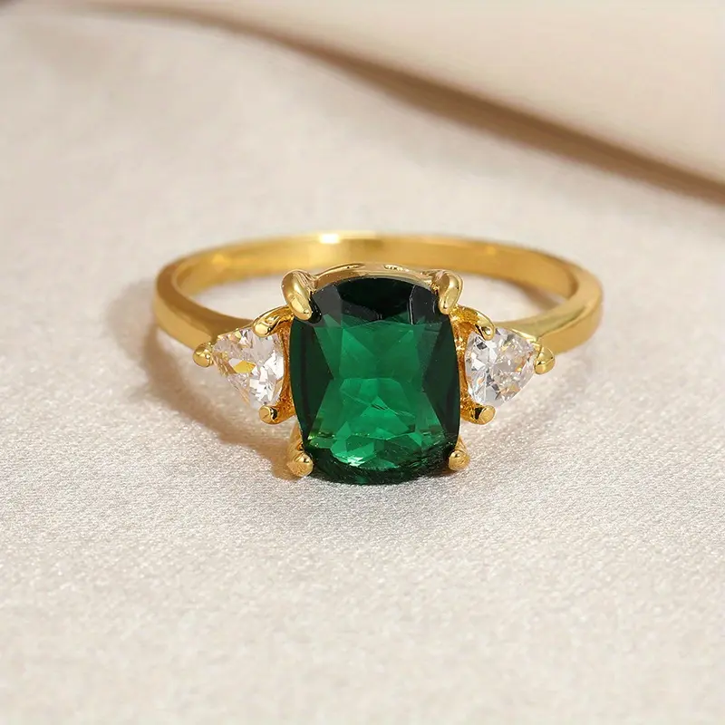 Exquisite Vintage Golden Color Ring with Green Synthetic Gemstone - Perfect for Daily Wear and Special Occasions Emerald Cut Ring Emerald Cut Engagement Ring