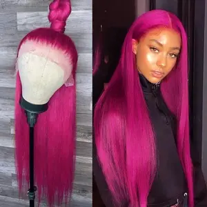 Long Straight Hot Pink Lace Front Wigs Pre Plucked Hairline Glueless Hair Rose Red Synthetic Lace Front Wigs for Fashion Women Heat Resistant Fiber