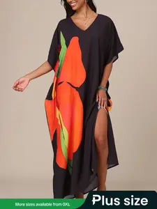 【Plus Size】 Floral Print Dress, Casual Batwing Sleeve Dress for Beach Holiday Vacation, Women's Clothes for All Seasons, Boho Casual Kaftan