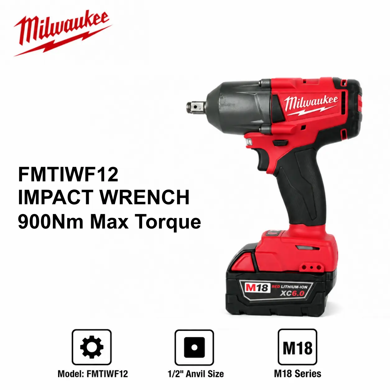 Milwaukee M18 FMTIWF12 900nm 1/2 Inch Square Drive Impact Wrench For Fastening And Loosening Bolts Used In Auto Repair Machinery Assembly Construction Projects
