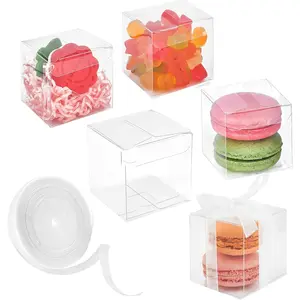 100 Pack 2x2x2 Inches Clear Favor Boxes with Ribbons Mini Transparent Cube Treat Boxes for Candy & Chocolate Bomb Plastic Individual Macaron Packaging Box