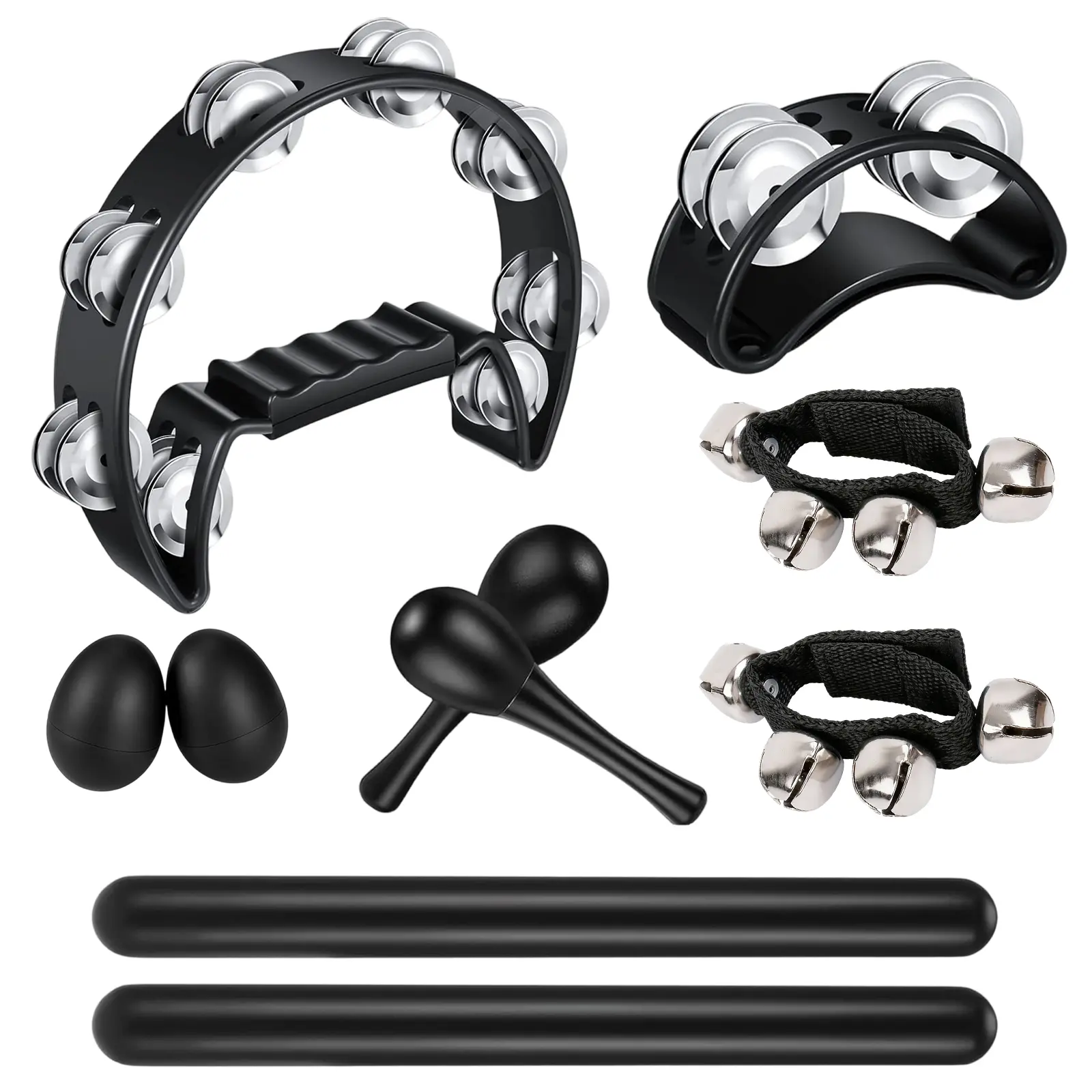 10 Pcs Tambourines Set,Half Moon Tambourine,Maracas,Wrist Bells,Rhythm Sticks,Foot Tambourine,Hand Percussion Musical Instrument for Adults Church School Party Karaoke., Unisex