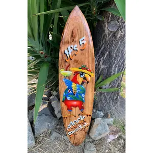 It’s 5 0'clock Somewhere  Tropical Drinking Parrot Airbrushed Surfboard Wall Plaque Mango Wood Tiki Bar  39"x 10"