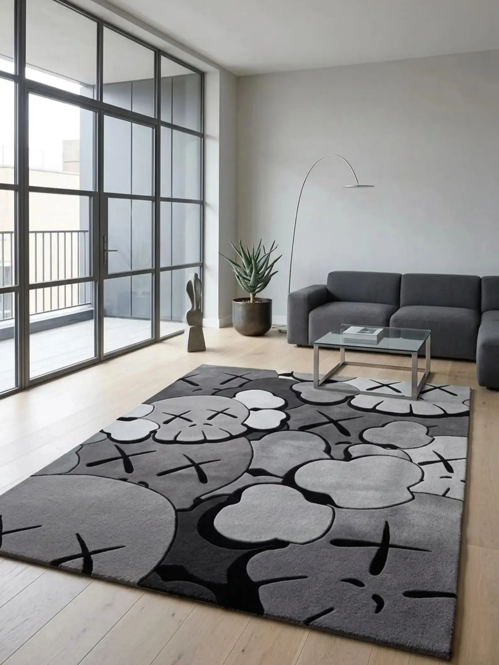 KAWS Inspired Hand-Tufted Grey Streetwear Area Rug, Modern Living Room Hypebeast Home Decor Gift