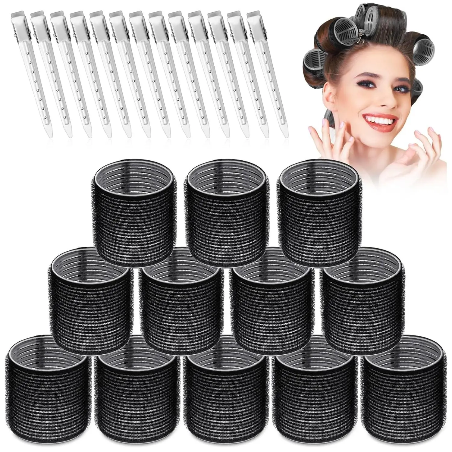 12-Piece Large Curls Hair Rollers Set with 12 Clips & Comb - Heatless Blowout, Multi Curl Tools for Long Thick Hair Volume Styling, Car Interior Accessories Haircare (Black), Hair Curl Styling