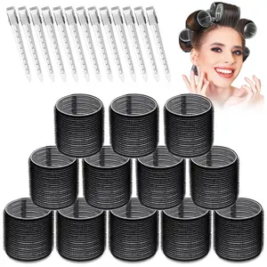 Large Hair Rollers Set - 12 Pieces Jumbo Rollers and 12pcs clips for Long Thick Hair Volume ,Car Interior Accessories Heatless Curling Brush Haircare Black clip  set Comb Curler