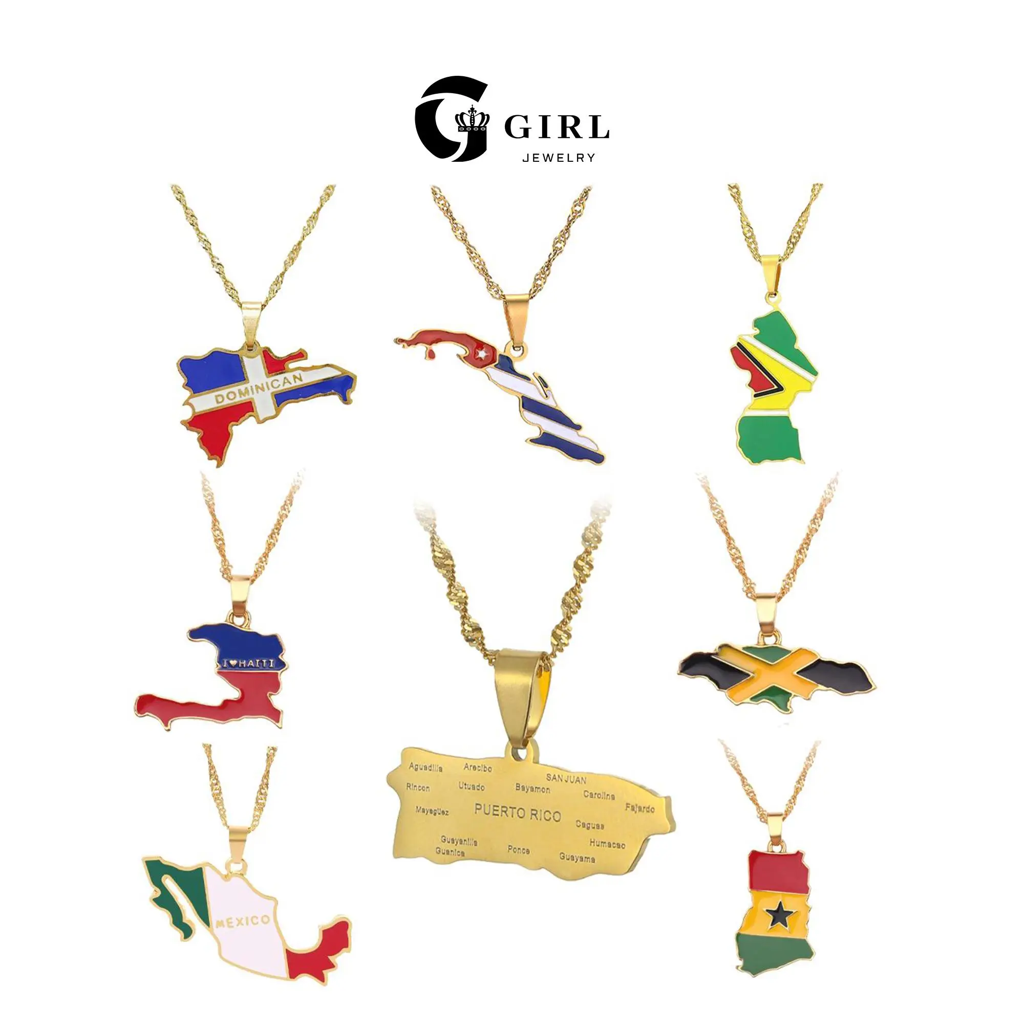 GGIRL Puerto Rico Flag Series Stainless Steel Statement Necklace, Waterdrop World Map Non-Tarnish Gold Chain, Fade-Resistant Tarnish-Proof Jewelry for Sensitive Skin, Fashion Chic Accessories Ideal Gift for Mother's Day, Birthdays