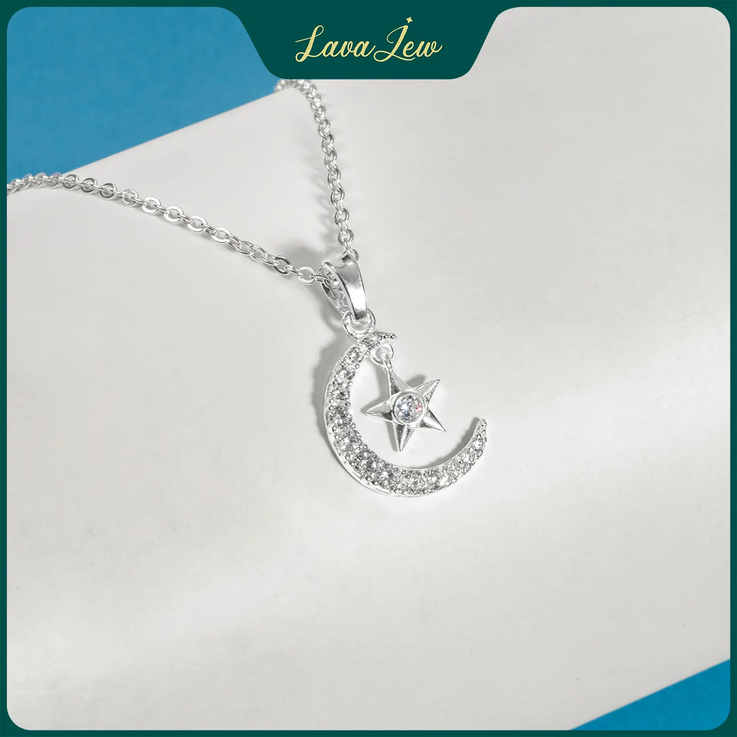 LavaJewelry Crescent Moon & Star Necklace, Sterling Silver Necklace, Necklace for Women and Girls